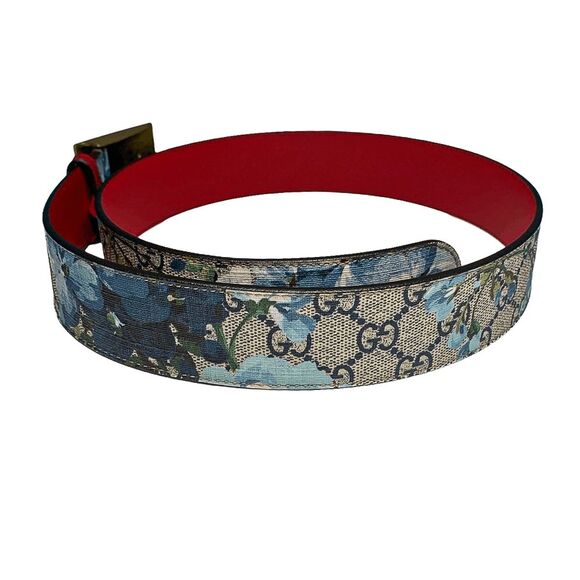 Gucci Supreme Double GG Canvas Blue Blooms Belt Brass Tiger Head Buckle Size 80 - Picture 2 of 9